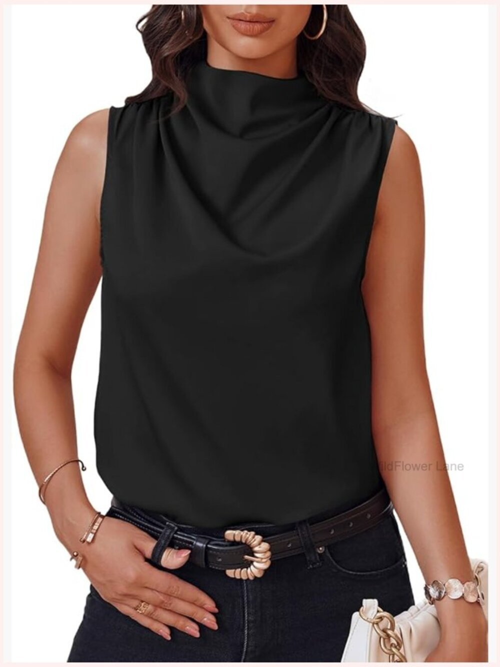 Mock Neck Satin Tank Tops Ruched Blouses Business Casual Work Tops